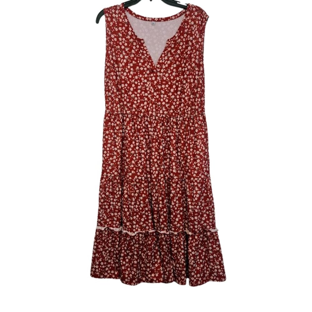 Cute red floral midi dress with tiers and‎ ruffle Size XL